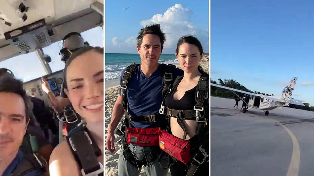 Mauricio Ochmann y Paulina Burrola viven su última aventura del año aventándose del paracaídas
