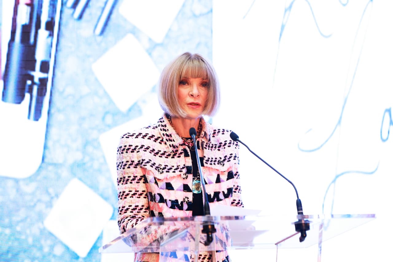 PARIS, FRANCE - SEPTEMBER 30: Anna Wintour is pictured during her speech at the The Met Costume Institute Press Presentation as part of Paris Fashion Week on September 30, 2022 in Paris, France. (Photo by Julien M. Hekimian/Getty Images)
