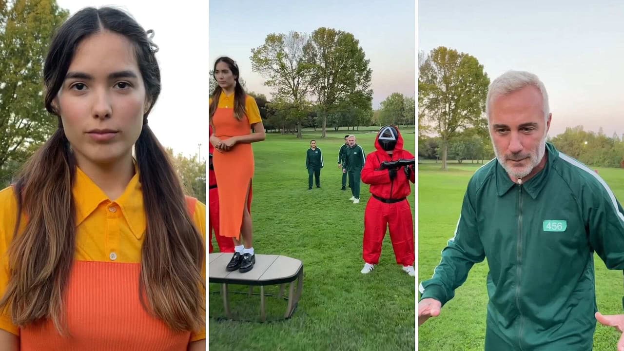 Desde su jardín, Sharon Fonseca y Gianluca Vacchi recrean escena de ‘El Juego del Calamar’
