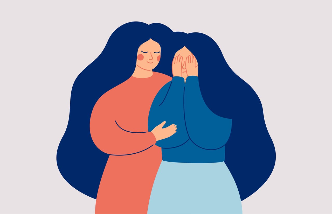 Friends and Family Support. A young woman comforting her crying best friend. The mother supports her daughter in a difficult situation. Vector illustration