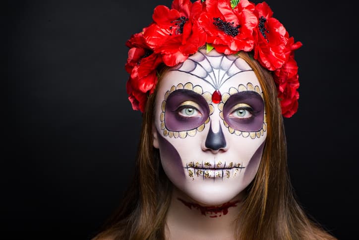 New creative calavera is a representation of human skull. applied to decorative make up the Mexican celebration of the Day of the Dead Dia de los Muertos and the Roman Catholic holiday All Souls Day.