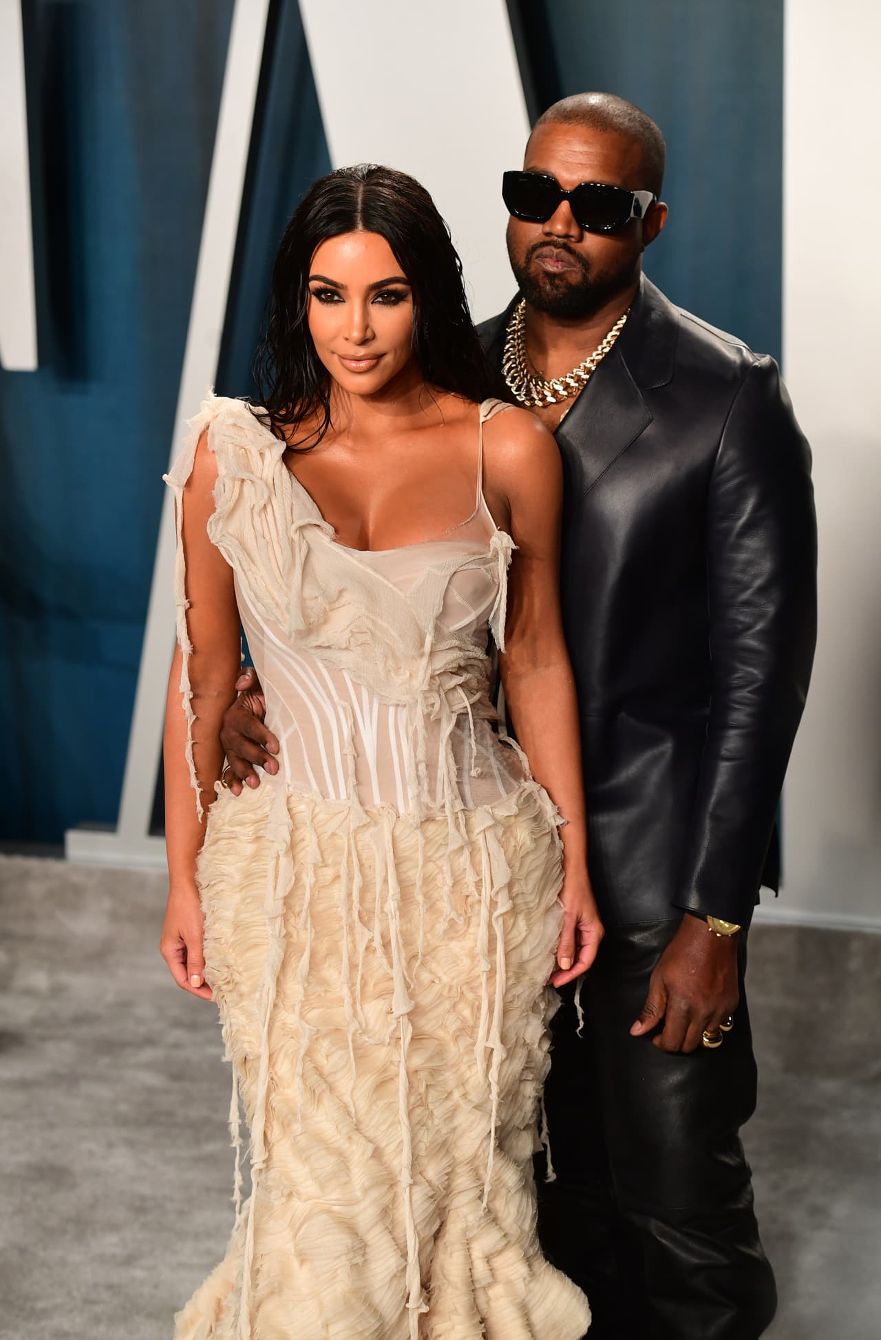 Kim Kardashian and Kanye West attending the Vanity Fair Oscar Party held at the Wallis Annenberg Center for the Performing Arts in Beverly Hills, Los Angeles, California, USA. (Photo by Ian West/PA Images via Getty Images)