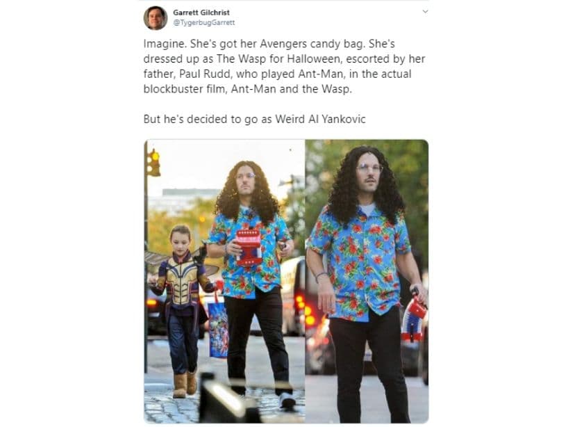 La hija de Paul Rudd, actor quien le da vida a Ant-Man en las películas de Marvel, se disfrazó de The Wasp; en vez de que Rudd le hiciera equipo y sacara su traje de súper héroe, optó por vestirse como 'Weird Al' Yankovic, un comediante y músico estadounidense.
