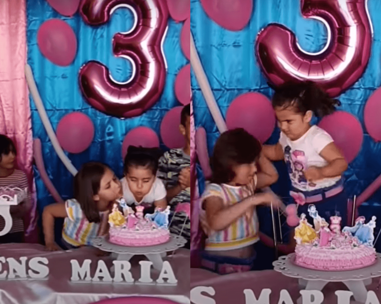 Si no lo has visto, te contamos. En el clip que sacó las risas de miles de personas, se ve a María Antonia festejando su cumpleaños número tres, y cuando está a punto de soplarle a la velita del pastel, su hermana mayor, María Eduarda, la desafía y le sopla al mismo tiempo. Eso no le gustó para nada a la festejada y decidió darle un jalón de cabello a su hermana.
<br>
<br>Pero eso no le importó a María Eduarda y tomó una actitud como toda una “mini villana”; se limitó a acomodarse el pelo y a sonreír.