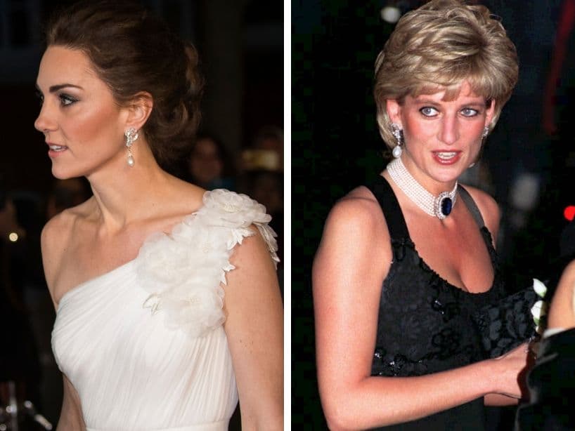 La Duquesa también tiene unos aretes que Lady Di usó en varias ocasiones, los cuales tienen delicados diamantes y perlas.
