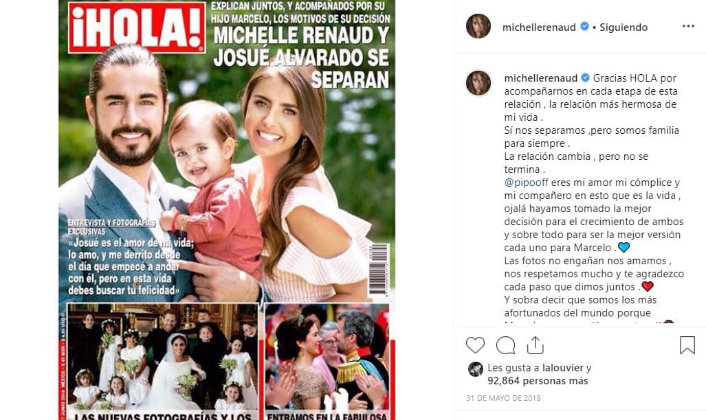 En medio de estos rumores, la estrella de ‘La reina soy yo’ confirmó, en mayo de 2018, a través de las páginas de la revista ¡Hola! su divorcio con Josué Alvarado, con quien duró cinco años de noviazgo y dos de casada. La expareja dio la bienvenida a su hijo Marcelo en marzo de 2017.