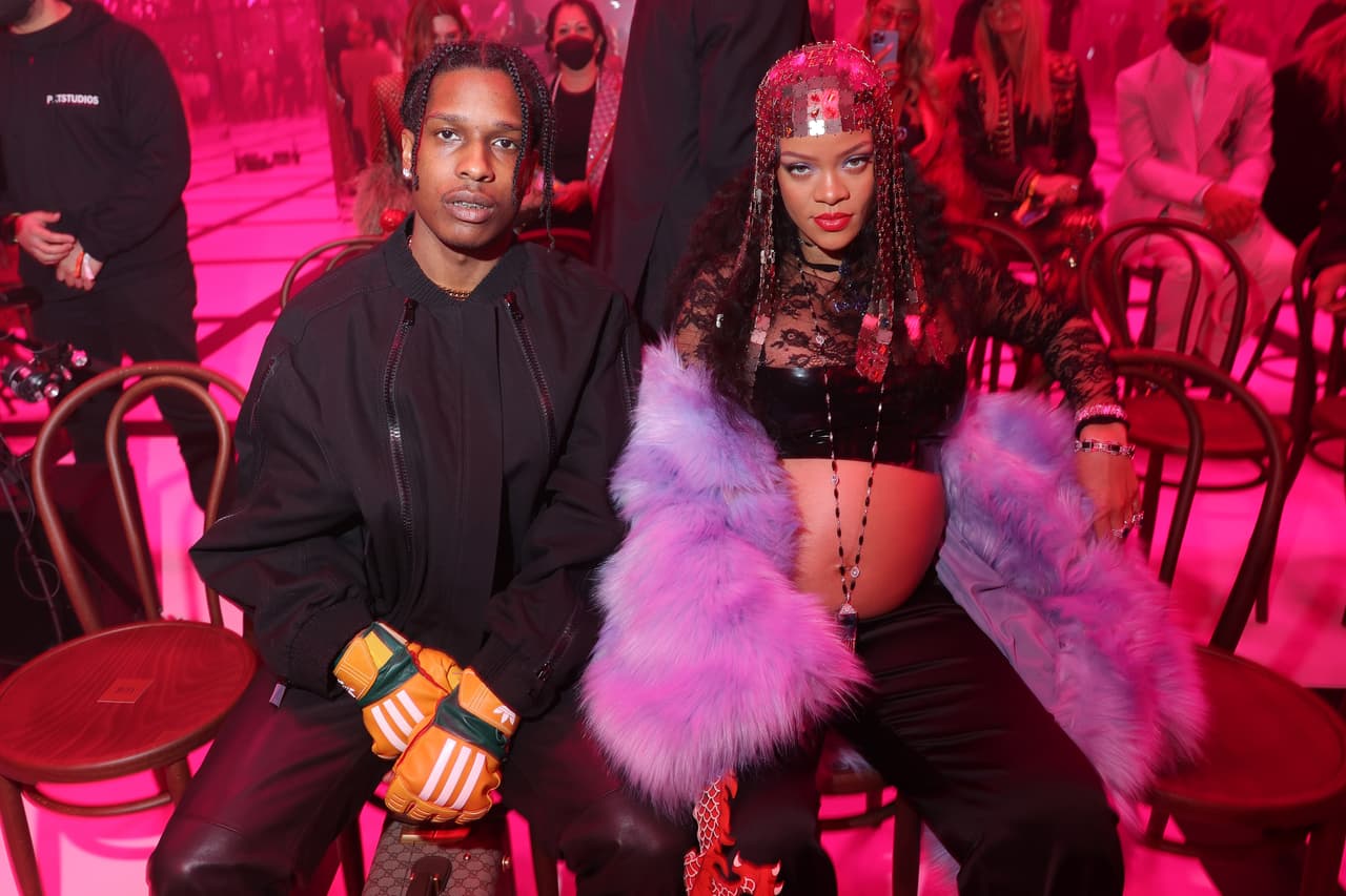MILAN, ITALY - FEBRUARY 25: Asap Rocky and Rihanna are seen at the Gucci show during Milan Fashion Week Fall/Winter 2022/23 on February 25, 2022 in Milan, Italy. (Photo by Victor Boyko/Getty Images for Gucci)