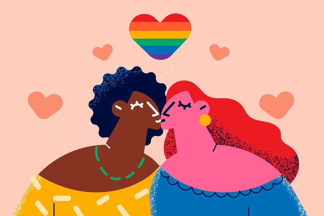 Mixed race lesbian love concept. Two young positive girls of different ethnics standing kissing with rainbow heart sign above vector illustration