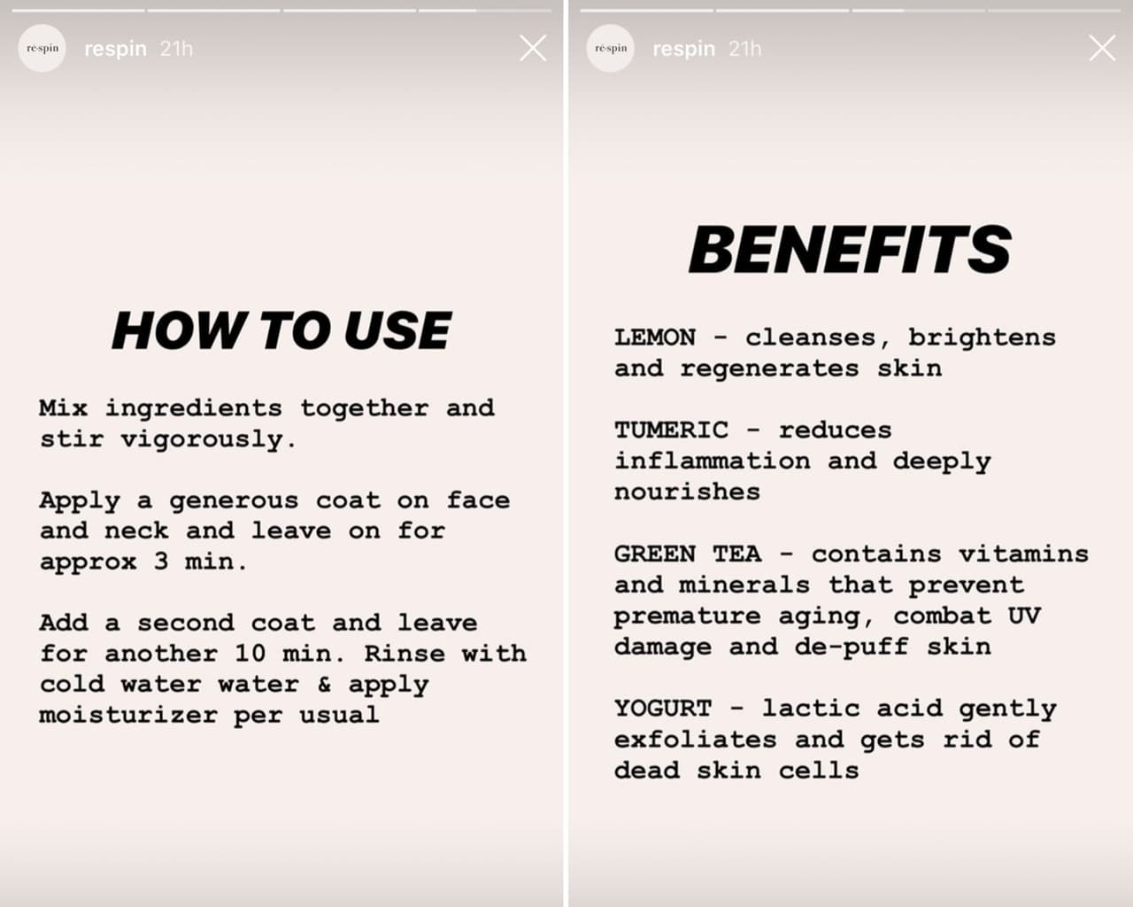 “La cúrcuma reduce la inflamación y nutre con profundidad la piel. El té verde contiene vitaminas y minerales que previenen el envejecimiento de la edad y combate el daño UV, además de servir como desinflamatorio”, escribió.