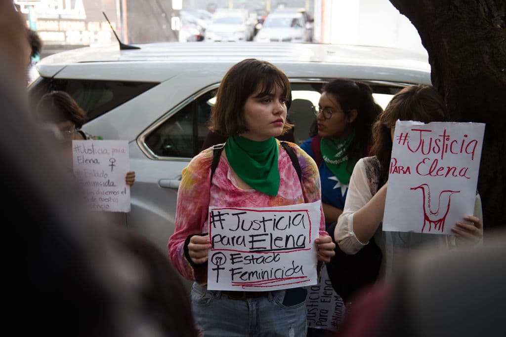 Musicians and women's organizations protested in the representation of the state of Oaxaca on 16 December 2019 in Mexico City, Mexico to demand the arrest of former deputy Juan Antonio Vera Carrizal as the intellectual author of the attack with acid against the Oaxacan saxophonist Maria Elena Rios Ortiz last September. (Photo by Cristian Leyva/NurPhoto via Getty Images)