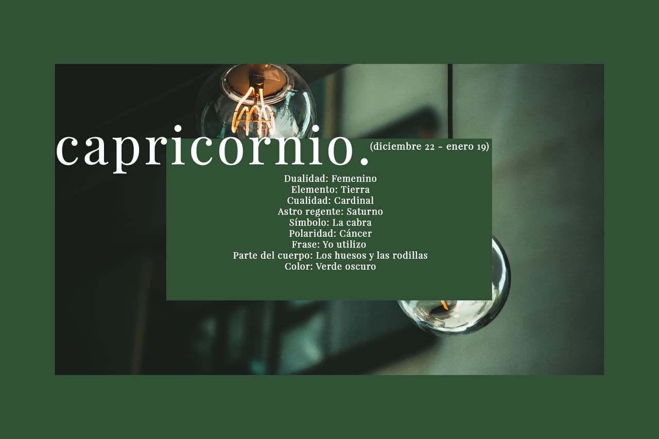 CAPRICORNIO (diciembre 22 - enero 19). El décimo signo del Zodiaco y el que busca la mayor estabilidad material.