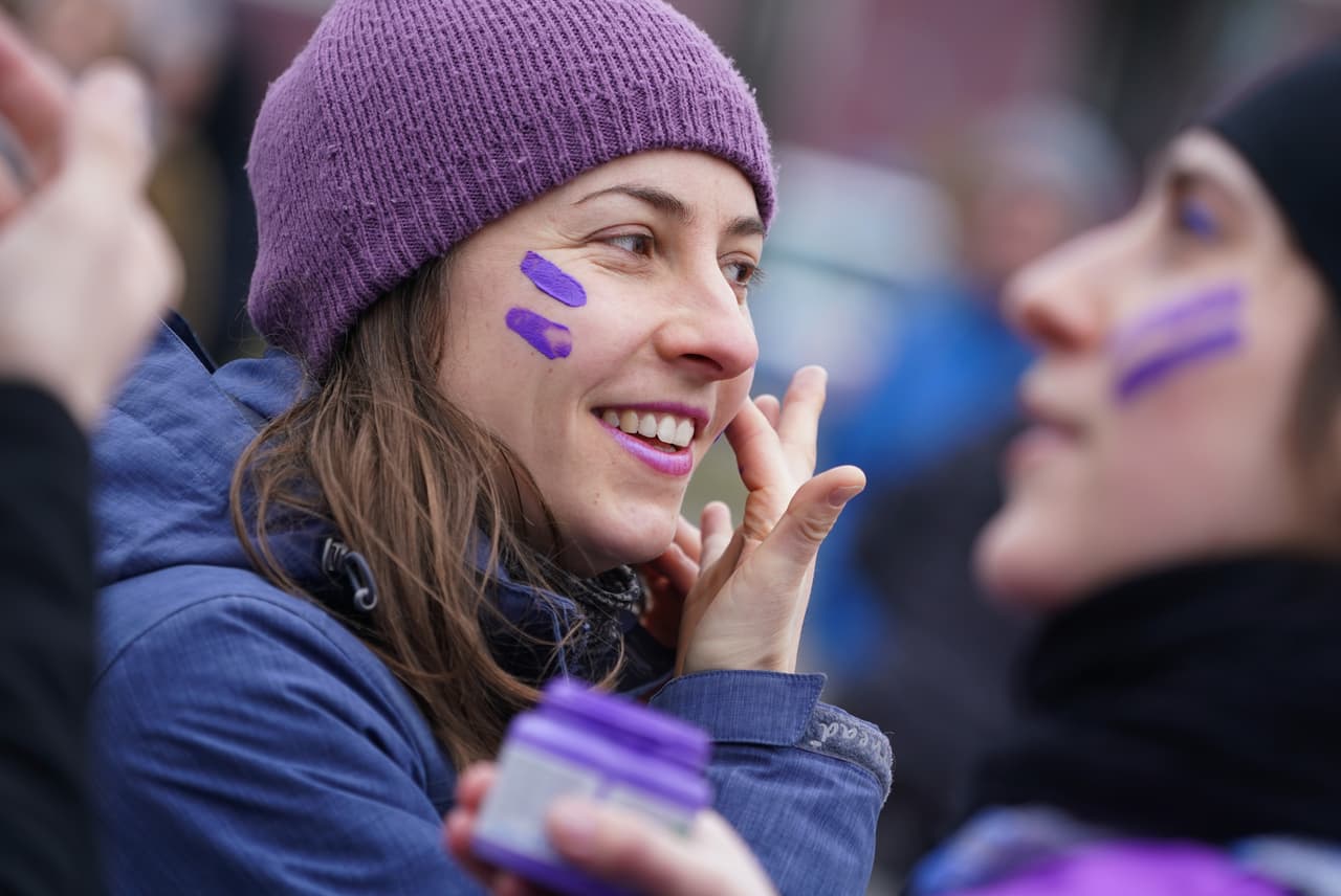 BERLIN, GERMANY - MARCH 08: Women wearing purple and riding bicycles prepare to participate in the "Purple Ride" feminist women's bicycle protest on International Women's Day on March 08, 2020 in Berlin, Germany. Women are taking to the streets across Germany today to show their support for advancing women's rights across the globe. (Photo by Sean Gallup/Getty Images)