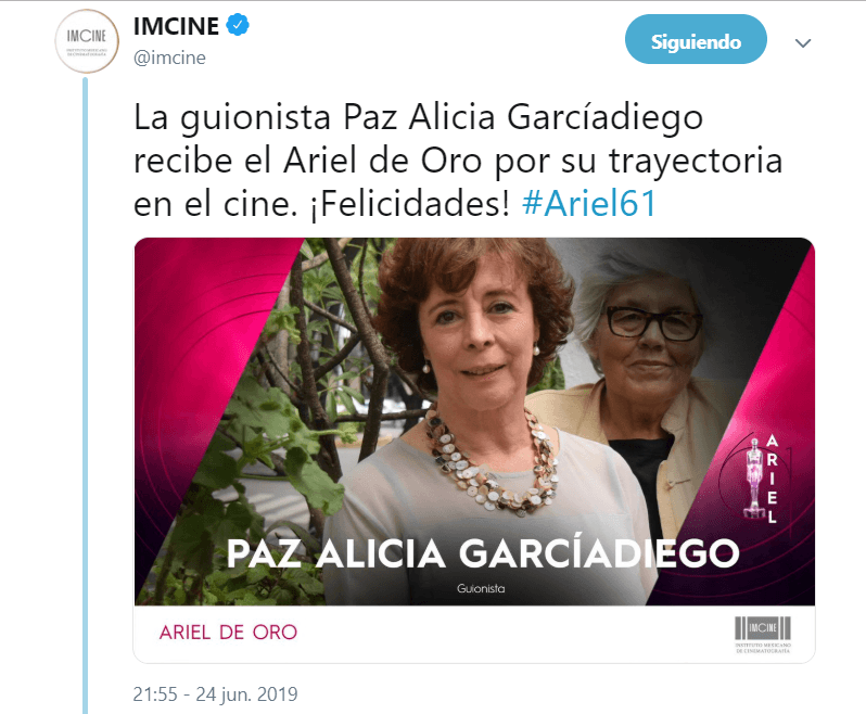 Ariel de Oro: Paz Alicia García Diego, guionista.