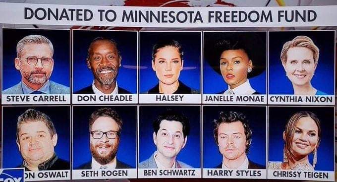 Aunque muchos famosos se mantuvieron haciendo activismo desde sus plataformas digitales, no faltaron los que colaboraron a la causa, pagando las fianzas de decenas de personas arrestadas en las manifestaciones de Minnesota. La lista de celebridades que participaron con su donación fueron, Steve Carrel, Don Chadle, Halsey, Janelle Monae, Cynthia Nixon, Patton Oswalt, Seth Rogen, Ben Schwartz, Harry Styles, Chrissy Teigen, entre otros.
