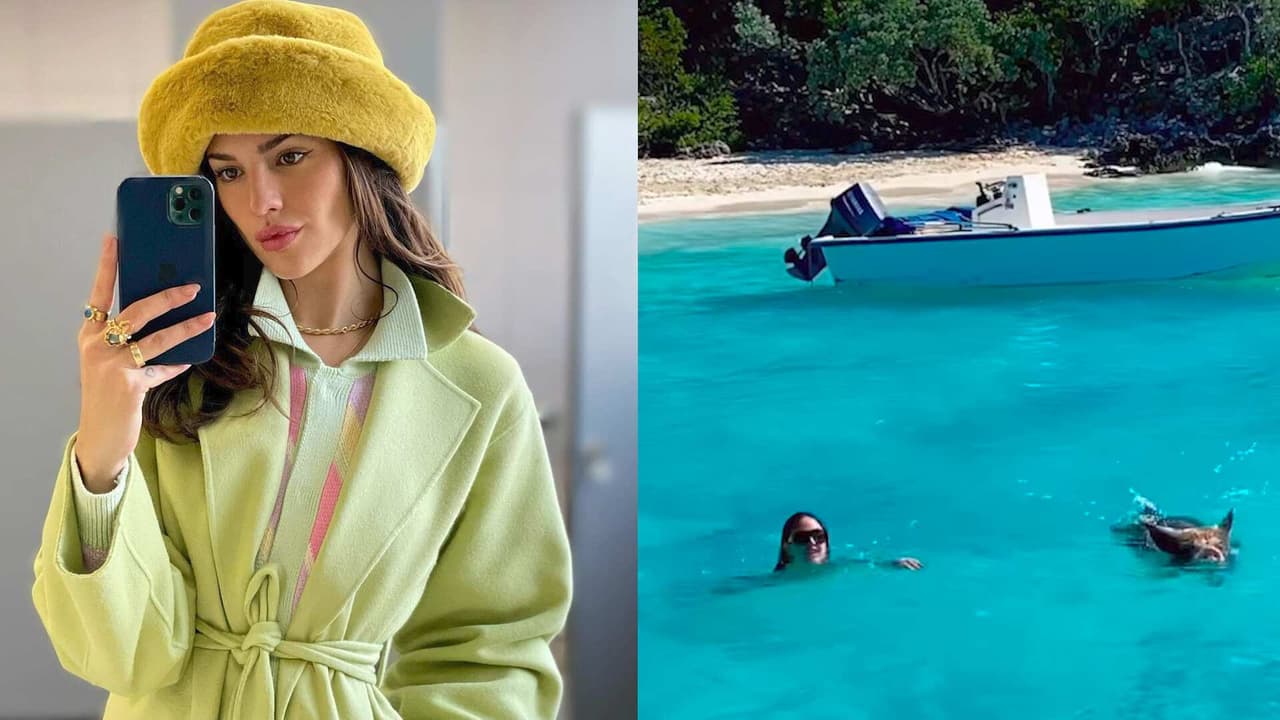 Eiza González sorprende al aparecer nadando con un puerquito en el mar
