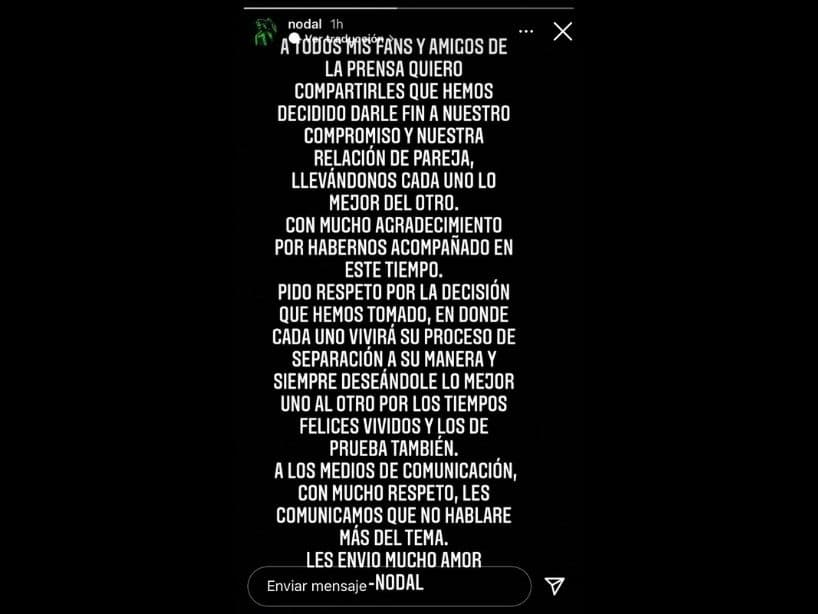 El mensaje con el que Christian Nodal confirmó el fin de su relación con Belinda.