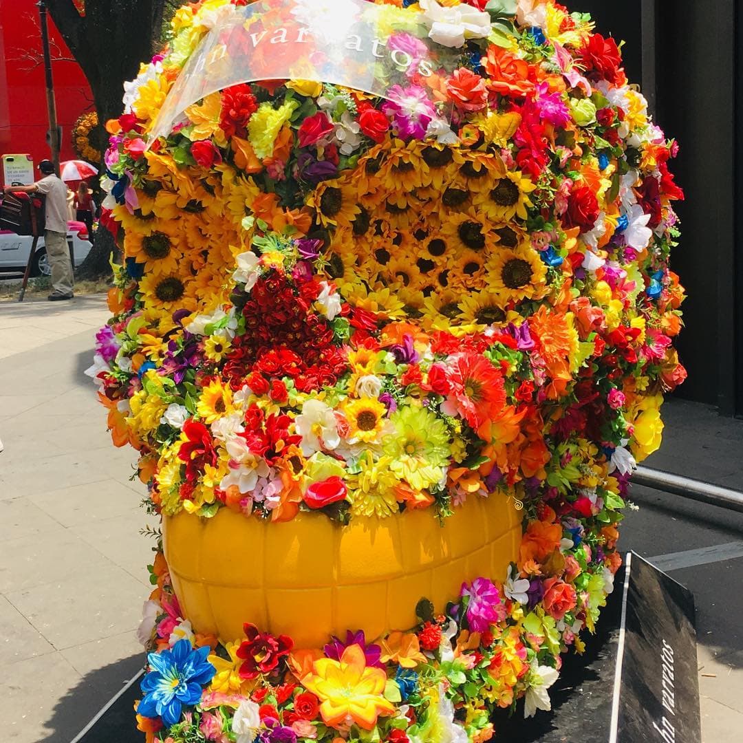 Todo un cráneo de calavera hecho de flores y girasoles