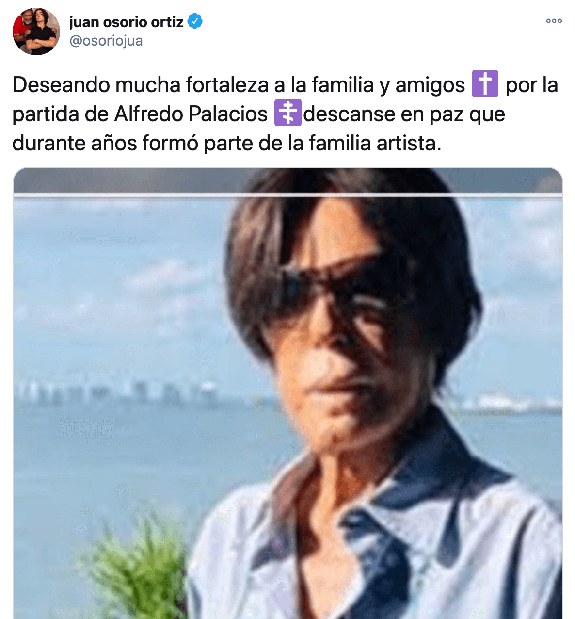 El productor
<b> Juan Osorio</b> también le dedicó unas palabras y envió sus condolencias a su familia.
<br>
<br>"Deseando mucha fortaleza a la familia y amigos por la partida de Alfredo Palacios. Descanse en paz, que durante años formó parte de la familia artista.