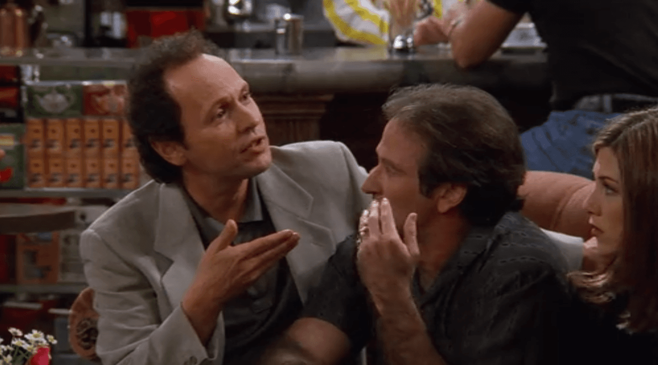 Mientras los "amigos" toman café en Central Perk, Robin Williams y Billy Crystal llegan y comienzan una plática que distrae a todos de lo que Mónica desea contar sobre su relación con Pete.