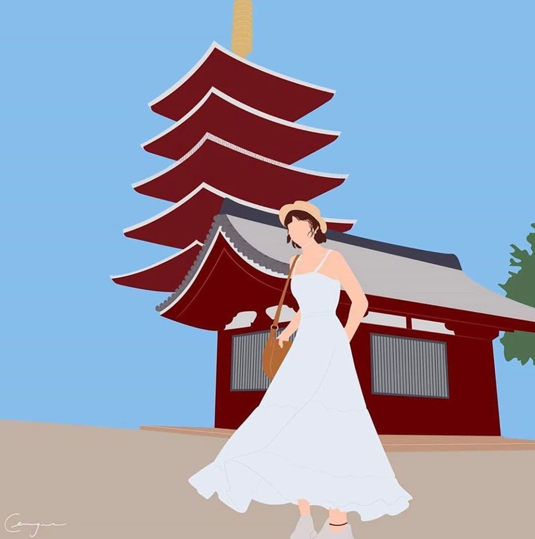 Pero los trazos no han parado en su bello rostro, fotografías de sus viajes han sido inspiración para cuadros completos con escenas muy bonitas, como esta de Natalia con una pagoda al fondo.
<br>