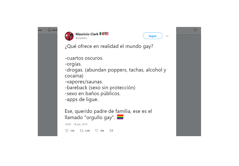 ¿Qué ofrece en realidad el mundo gay? Cuartos oscuros. Orgías. Drogas (abundan poppers, tachas, alcohol y cocaína). Vapores y saunas. Bareback (sexo sin protección) Sexo en baños públicos. Apps de ligue.Ese, querido padre de familia, ese es el llamado orgullo gay.